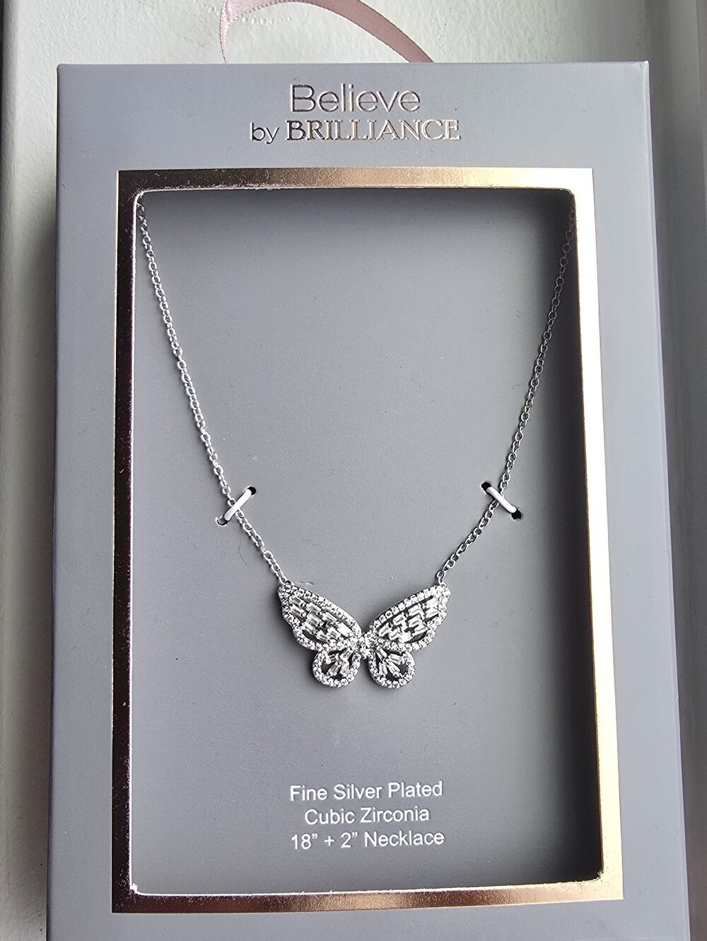 Believe by Brilliance Silver Butterfly Necklace with Cubic Zirconia